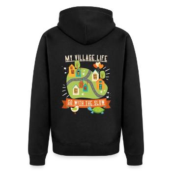 Vie de village, vie à la campagne, drôle de dicton slow-life - Veste à capuche bio Premium Unisexe - noir - Dos - Nico (187cm)