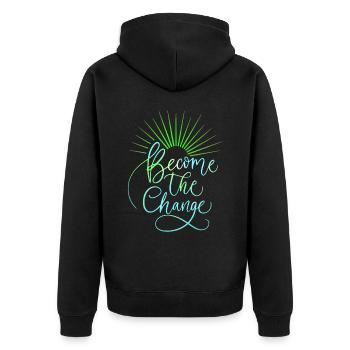 Motivation, Devenir le changement, Dire, Typographie - Veste à capuche bio Premium Unisexe - noir - Dos - Nico (187cm)