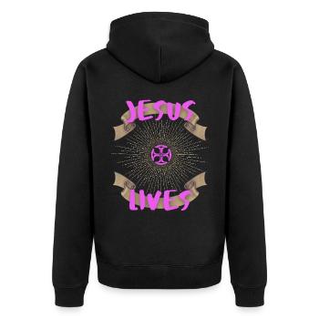 Jesus-Lives, Spruch Jesus Christus, Motivation - Unisex Premium Bio Zip Hoodie - Schwarz - Hinten - Nico (187cm)