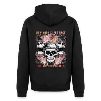 Totenkopf Skull, Motorrad, New York Biker-Race - Unisex Premium Bio Zip Hoodie - Schwarz - Hinten - Nico (187cm)