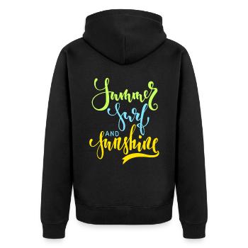 Summer-Surf-And-Sunshine, Sommer-Spruch, Surfing - Unisex Premium Bio Zip Hoodie - Schwarz - Hinten - Nico (187cm)