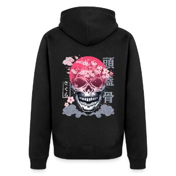 Sakura-Sakura, Japan Kirschblüte, Totenkopf, Skull - Unisex Premium Bio Zip Hoodie - Schwarz - Hinten - Nico (187cm)