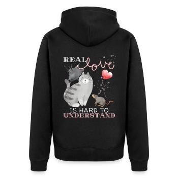 Katze, Maus, Liebe-Valentinstag, Real-Love Spruch - Unisex Premium Bio Zip Hoodie - Schwarz - Hinten - Nico (187cm)
