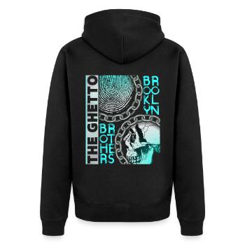 Vintage-Design New York Brooklyn mit Totenkopf - Unisex Premium Bio Zip Hoodie - Schwarz - Hinten - Nico (187cm)