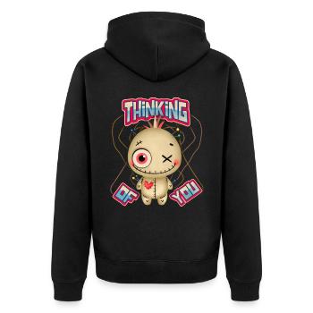 Voodoo-Puppe, lustiger Spruch Thinking-Of-You - Unisex Premium Bio Zip Hoodie - Schwarz - Hinten - Nico (187cm)