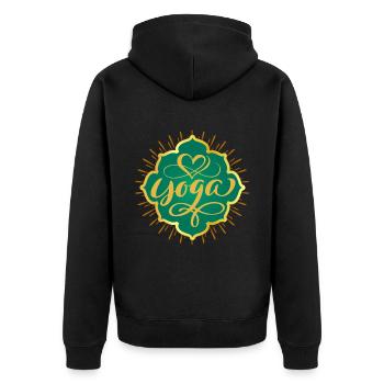 Yoga, Yoga-Symbol mit Herz - Unisex Premium Bio Zip Hoodie - Schwarz - Hinten - Nico (187cm)
