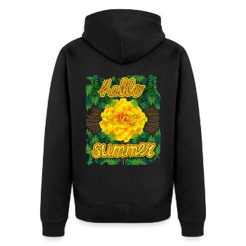Hello-Summer, Tagetes, Tagetes-Marigold, Sommer - Unisex Premium Bio Zip Hoodie - Schwarz - Hinten - Nico (187cm)