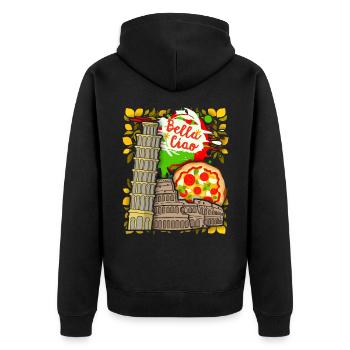 Italien Kollosseum, Pisa, Pizza-Design Bella-Ciao - Unisex Premium Bio Zip Hoodie - Schwarz - Hinten - Nico (187cm)