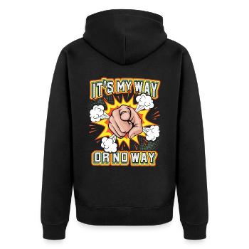 Pop-Art, Hand und Zeigefinger, lustiger Spruch - Unisex Premium Bio Zip Hoodie - Schwarz - Hinten - Nico (187cm)
