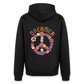 Peace-Sign, Frieden-Symbol Friedenszeichen, 70er - Unisex Premium Bio Zip Hoodie - Schwarz - Hinten - Nico (187cm)