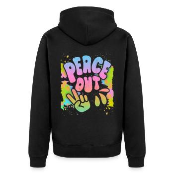 Peace-Out, Frieden-Symbol Friedenszeichen, 70er - Unisex Premium Bio Zip Hoodie - Schwarz - Hinten - Nico (187cm)