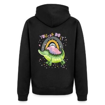Lustiges-Krokodil Motivationsspruch mit Regenbogen - Unisex Premium Bio Zip Hoodie - Schwarz - Hinten - Nico (187cm)