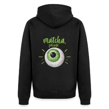 Grüner Tee, Matcha-Tee, lustiges Design mit Auge - Unisex Premium Bio Zip Hoodie - Schwarz - Hinten - Nico (187cm)