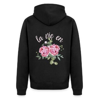 Vintage-Stil Pfingstrosen Aquarell lustiger Spruch - Unisex Premium Bio Zip Hoodie - Schwarz - Hinten - Nico (187cm)