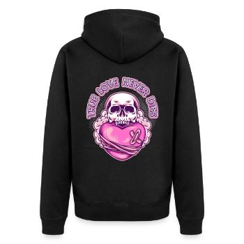 Totenkopf und Herz, Valentinstag lustiger Spruch - Unisex Premium Bio Zip Hoodie - Schwarz - Hinten - Nico (187cm)