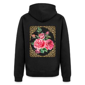 Rosen-Aquarell Vintage-Rosen botanisch Goldrahmen - Unisex Premium Bio Zip Hoodie - Schwarz - Hinten - Nico (187cm)