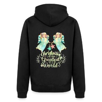 Engelchen, Engel-Aquarell, Weihnachts-Spruch - Unisex Premium Bio Zip Hoodie - Schwarz - Hinten - Nico (187cm)