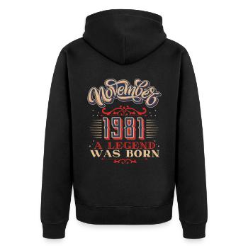 1981, anniversaire, novembre 1981, 11.1981, 11-1981 - Veste à capuche bio Premium Unisexe - noir - Dos - Nico (187cm)