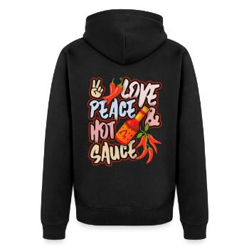 Pepperoni, Pfeffer scharfe Soße, Peace-and-Love - Unisex Premium Bio Zip Hoodie - Schwarz - Hinten - Nico (187cm)