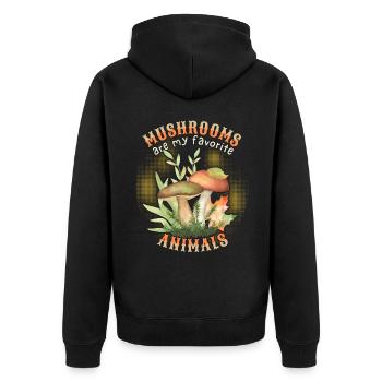 Waldpilze, Pilze, lustiger Spruch - Unisex Premium Bio Zip Hoodie - Schwarz - Hinten - Nico (187cm)