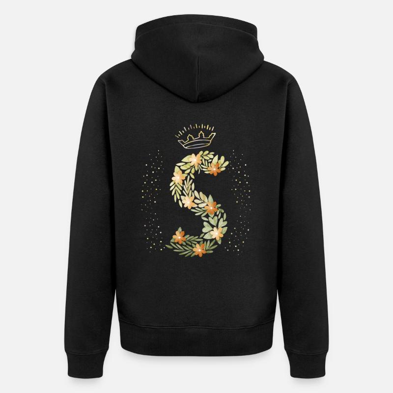 Lettre monogramme S avec couronne, ornement floral - Veste à capuche bio Premium Unisexe - noir