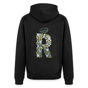 Monogramm Buchstabe R mit Krone, florales Ornament - Unisex Premium Bio Zip Hoodie - Schwarz - Hinten - Nico (187cm)
