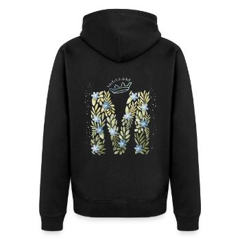 Monogramm Buchstabe M mit Krone, florales Ornament - Unisex Premium Bio Zip Hoodie - Schwarz - Hinten - Nico (187cm)