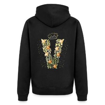 Monogramm Buchstabe V mit Krone, florales Ornament - Unisex Premium Bio Zip Hoodie - Schwarz - Hinten - Nico (187cm)