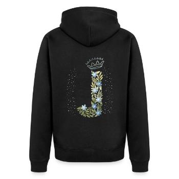Monogramm Buchstabe J mit Krone, florales Ornament - Unisex Premium Bio Zip Hoodie - Schwarz - Hinten - Nico (187cm)