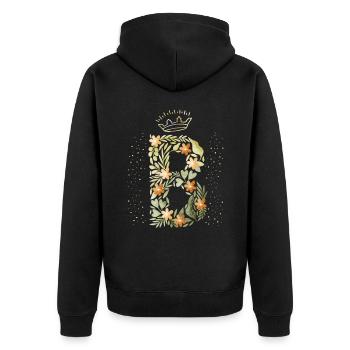 Monogramm Buchstabe B mit Krone, florales Ornament - Unisex Premium Bio Zip Hoodie - Schwarz - Hinten - Nico (187cm)