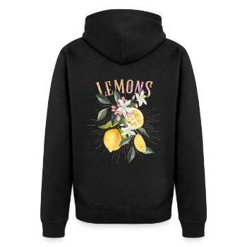 Zitrone, botanische Illustration, Zitronenblüten - Unisex Premium Bio Zip Hoodie - Schwarz - Hinten - Nico (187cm)