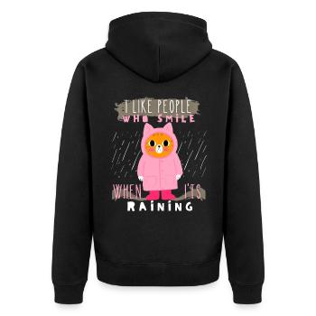 Katze im Regen, Regenmantel, Gummistiefel, Spruch - Unisex Premium Bio Zip Hoodie - Schwarz - Hinten - Nico (187cm)