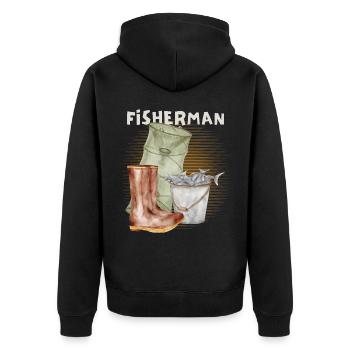 Fisch, Angler, Reuse, Vintage-Fischer Angeln - Unisex Premium Bio Zip Hoodie - Schwarz - Hinten - Nico (187cm)