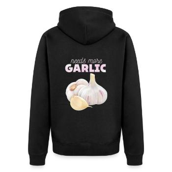 Knoblauch, lustiger Spuch, Needs-More-Garlic - Unisex Premium Bio Zip Hoodie - Schwarz - Hinten - Nico (187cm)