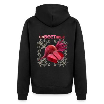 Rote Beete, lustiger Spruch, Unbeetable - Unisex Premium Bio Zip Hoodie - Schwarz - Hinten - Nico (187cm)