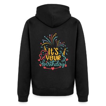 Anniversaire, Typographie, Feux d’artifice d’anniversaire, Dire - Veste à capuche bio Premium Unisexe - noir - Dos - Nico (187cm)