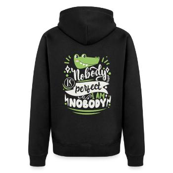 Funny saying, crocodile motif, nobody-is-perfect - Unisex Premium Organic Zip Hoodie - black - Back - Nico (187cm)