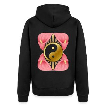 Yin-Yang mit Calla-Blüte, Lotus-Calla, Meditation - Unisex Premium Bio Zip Hoodie - Schwarz - Hinten - Nico (187cm)