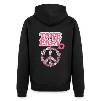 Frieden-Symbol mit Blumen Take-it-Easy Groovy-Stil - Unisex Premium Bio Zip Hoodie - Schwarz - Hinten - Nico (187cm)