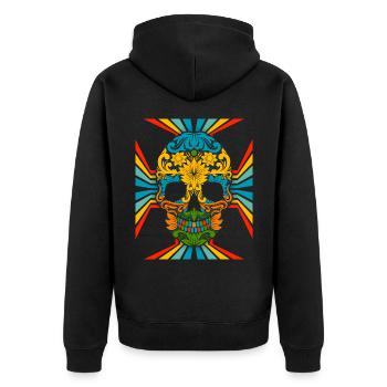 70er Jahre Flower-Power Skull Retro-Totenkopf - Unisex Premium Bio Zip Hoodie - Schwarz - Hinten - Nico (187cm)