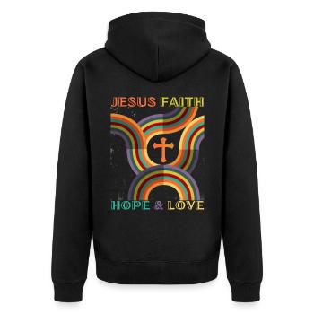 Jesus Christ Saying 70s Flower Power Style - Unisex Premium Organic Zip Hoodie - black - Back - Nico (187cm)