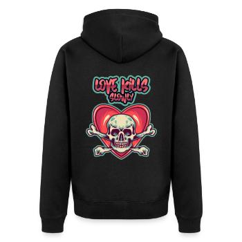 Valentinstag Totenkopf Skull-Herz, lustiger Spruch - Unisex Premium Bio Zip Hoodie - Schwarz - Hinten - Nico (187cm)