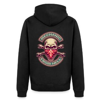 Motorrad Mechaniker, Skull Totenkopf Retro-Design - Unisex Premium Bio Zip Hoodie - Schwarz - Hinten - Nico (187cm)