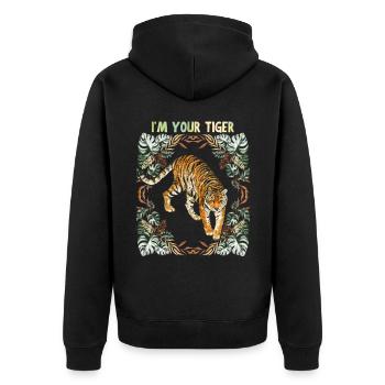 Tiger-Motiv, Vintage-Tiger, Urwald-Tiger, Spruch - Unisex Premium Bio Zip Hoodie - Schwarz - Hinten - Nico (187cm)