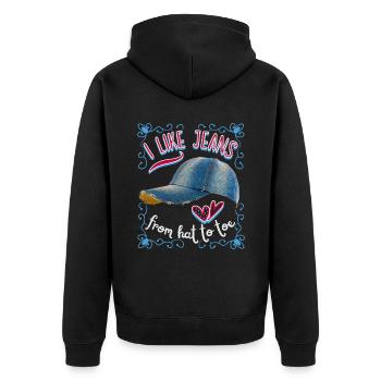 Jeans, Jeanshut, lustiger Spruch, Pun - Unisex Premium Bio Zip Hoodie - Schwarz - Hinten - Nico (187cm)