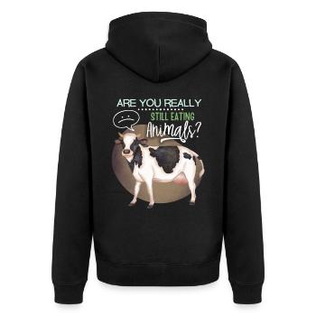 Vegan, Vegetarier lustiger Spruch mit Kuh - Unisex Premium Bio Zip Hoodie - Schwarz - Hinten - Nico (187cm)