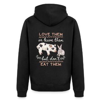Vegetarier, Veganer, Spruch mit Schwein und Hase - Unisex Premium Bio Zip Hoodie - Schwarz - Hinten - Nico (187cm)