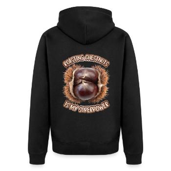Esskastanien, Röstkastanien, Kastanie, Spruch - Unisex Premium Bio Zip Hoodie - Schwarz - Hinten - Nico (187cm)