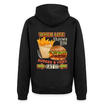 Burger-cheeseburger frites, drôle de dicton - Veste à capuche bio Premium Unisexe - noir - Dos - Nico (187cm)