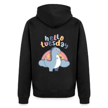 Kawaii Dinosaurier, Regebogen Hello-Tuesday Spruch - Unisex Premium Bio Zip Hoodie - Schwarz - Hinten - Nico (187cm)
